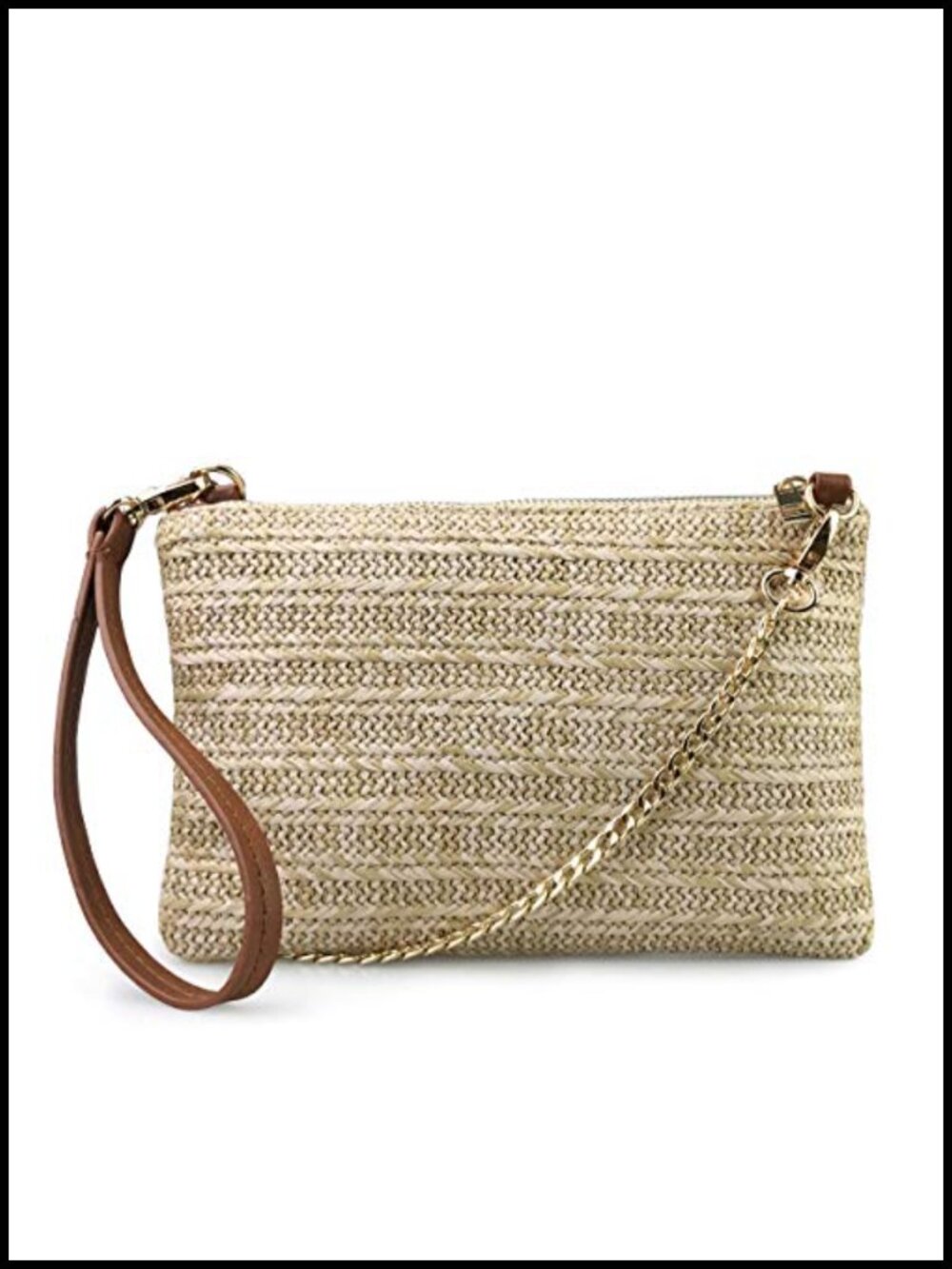 Straw Zipper Wristlet Clutch Crossbody Purse with Chain Strap